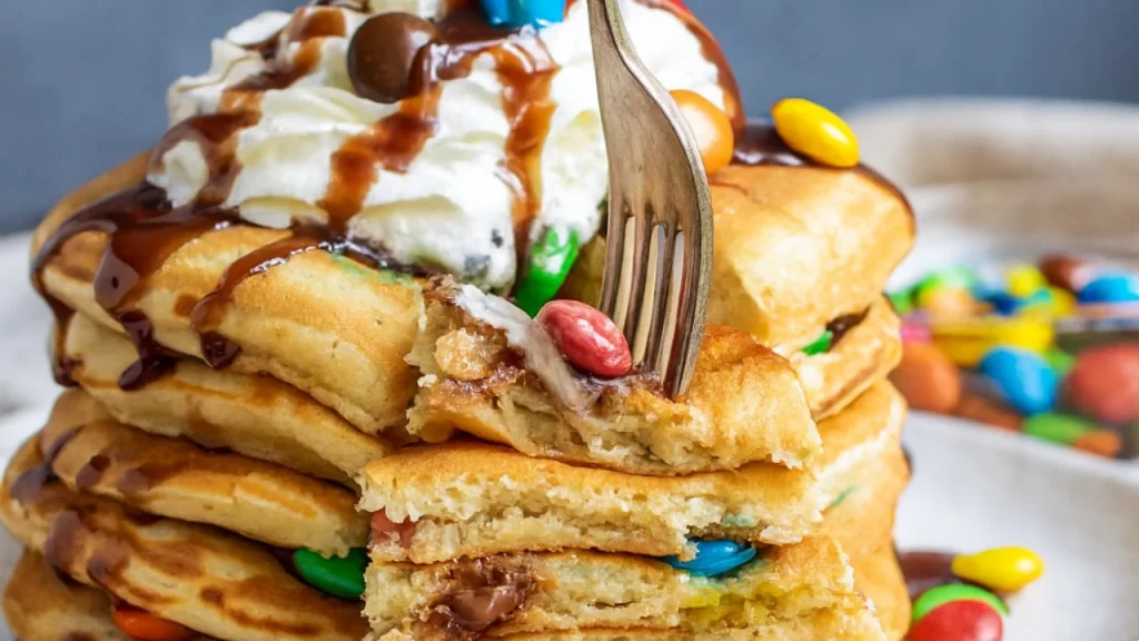 Stack of M&M pancakes with toppings